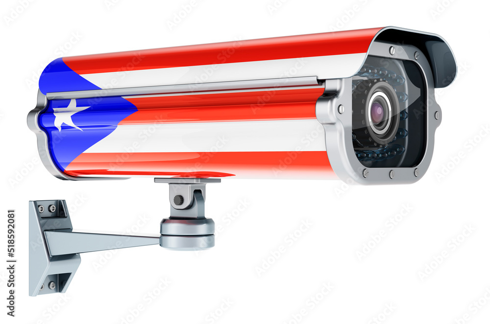 Surveillance camera with Puerto Rican flag. 3D rendering Surveillance camera with Puerto Rican flag. 3D rendering