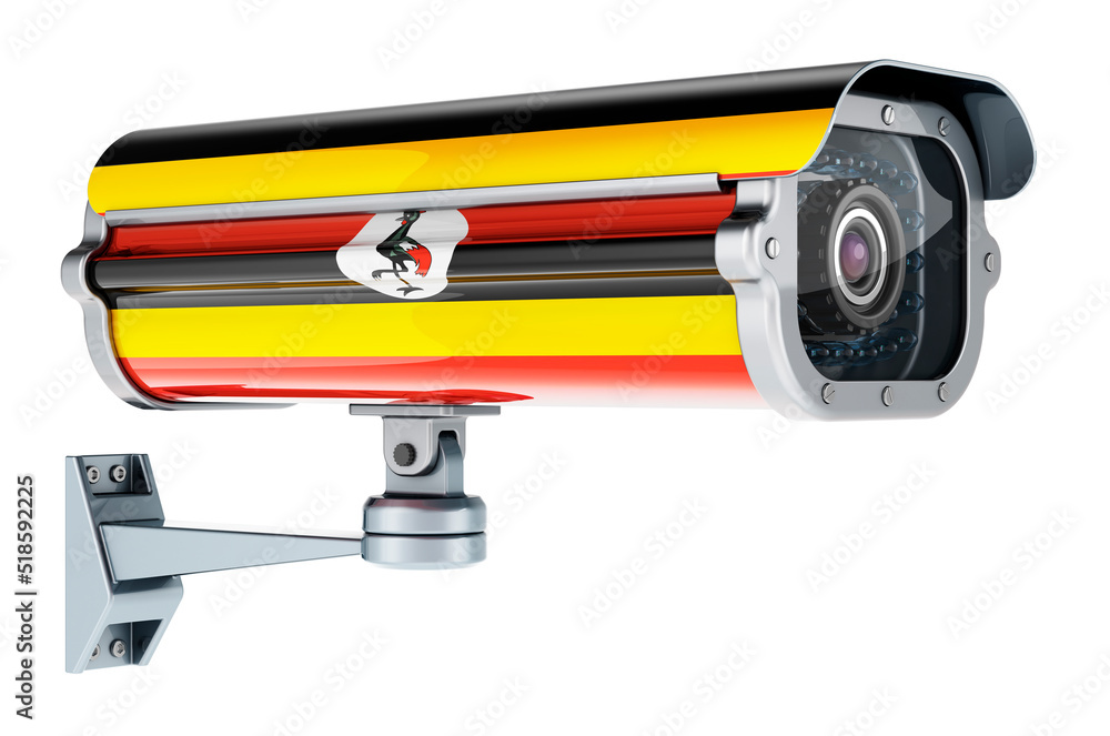 Surveillance camera with Ugandan flag. 3D rendering Surveillance camera with Ugandan flag. 3D rendering