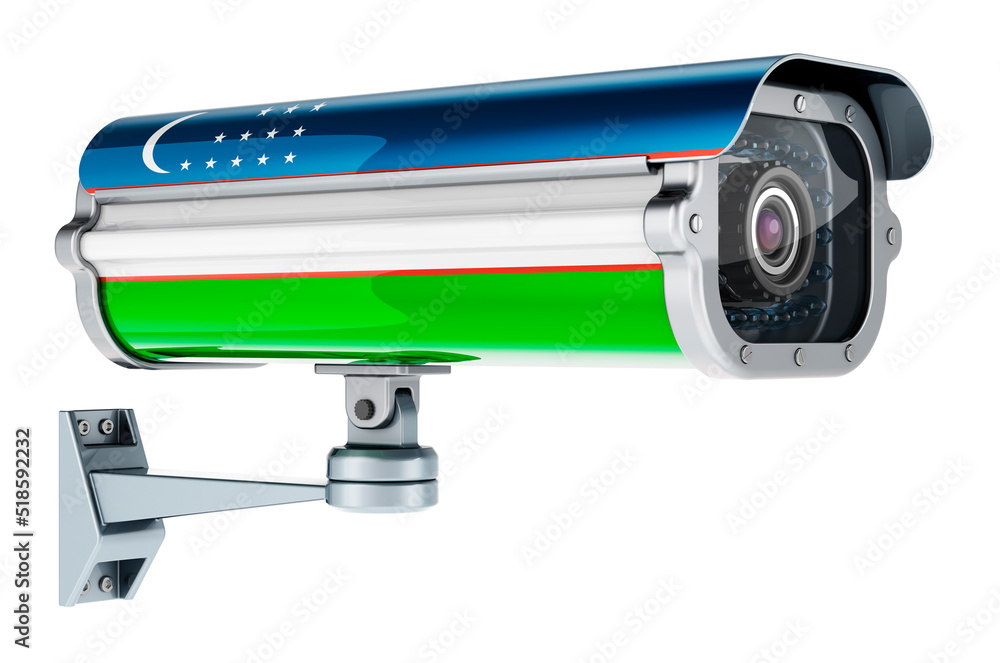 Surveillance camera with Uzbek flag. 3D rendering Surveillance camera with Uzbek flag. 3D rendering