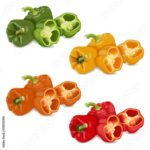 Three each red, green, yellow, and orange bell peppers for banners, flyers, posters, social media. Whole and quarter sweet bell peppers. Vegetables. Vector illustration isolated on white background.