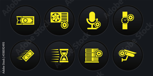 Set Fast payments, Wrist watch setting, Old hourglass with sand, Server, Microphone and Air conditioner icon. Vector
