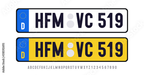 Germany plate template set with font isolated on transparent background. United Kindom car plate registration number. Vector 10 eps