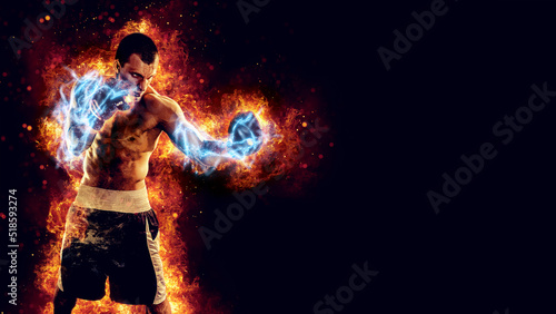 Boxing and fitness concept. Boxer man fighting or posing in gloves on black background with fire. Individual sports recreation. Energy and power