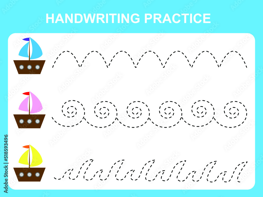 Handwriting practice sheet illustration. Ships on the waves. Materials for teaching and development of children. Vector illustration Handwriting practice sheet illustration. Ships on the waves. Materials for teaching and development of children. Vector illustration