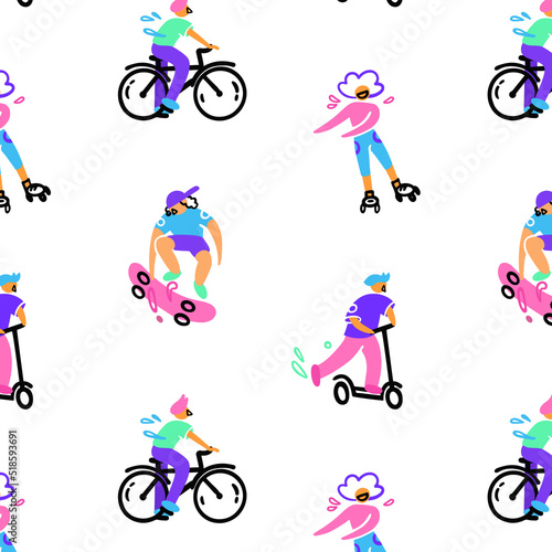 Seamless pattern active sports, people, teenagers. Bicycle, scooter, roller skates, skateboard. Urban culture, bright, vector cartoon doodle style.