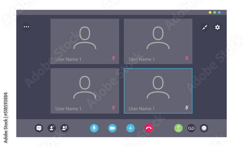Videocall conference user interface template for video chat user window mock up for online business webinar, learning conference with microphone, video call icon and blank place. Vector 10 eps