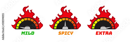 Hot chili pepper strength scale indicator - mild, spicy, extra in speed meter and fire flame for food menu, hot sauce, culinary show. Pepper sauce. Vector 10 eps