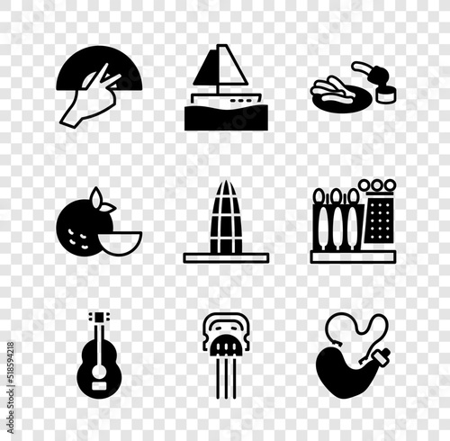 Set Fan flamenco, Yacht sailboat, Churros and chocolate, Spanish guitar, Peineta, wineskin, Orange fruit and Agbar tower icon. Vector