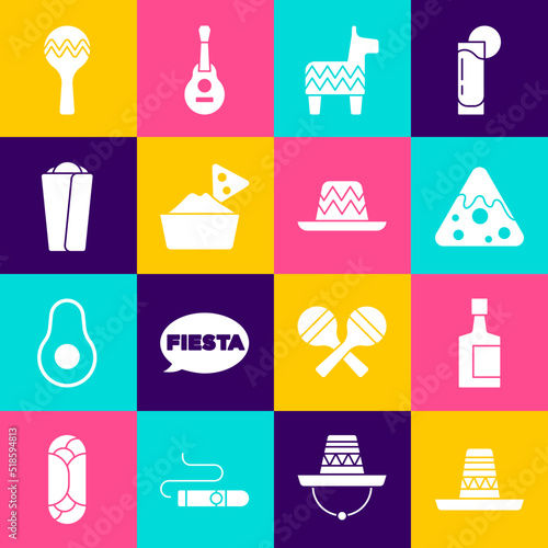 Set Mexican sombrero, Tequila bottle, Nachos, Pinata, bowl, Burrito, Maracas and icon. Vector