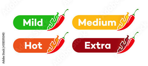 Spicy chili level vector label - mild, medum, hot, extra isolated on background. Pepper sauce with fire flame. Illustration 10 eps