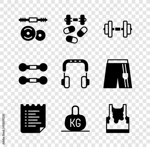 Set Barbell, Sports doping with dumbbell, Dumbbell, training program, Weight, Sweaty sleeveless t-shirt, and Headphones icon. Vector