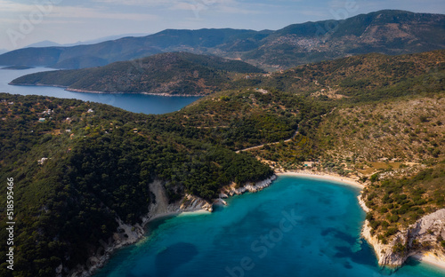 Drone aerial shot of a beach at the island of Ithaca at the Ionian sea. © Dionysis
