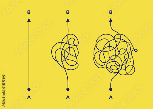 Three roads way - easy, medium, hard from point A to B-business metaphor. Chaos and simple way. Searching solution problem concept. Vector illustration 10 eps