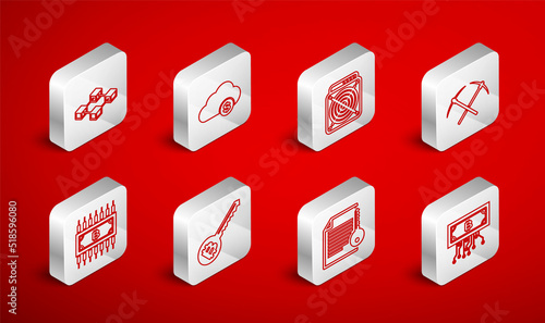 Set line Cryptocurrency bitcoin with circuit, cloud mining, ASIC Miner, Crossed pickaxe, Smart contract, Blockchain technology, key and icon. Vector