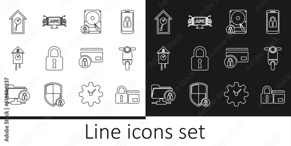 Set line Credit card with lock, Scooter, Hard disk drive and, Lock, Retro wall watch, and Computer api interface icon. Vector