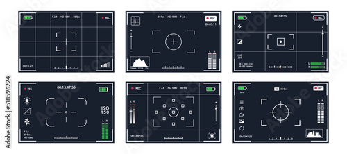 Viewfinder vector template set -record frame for camera isolated on black background. Night camera military viewfinder overlay. Screen photography frame for video, snapshot photography. 10 eps