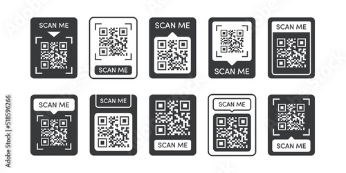 Qr code sticker set black color isolated on background for mobile payment and identity, city transport rental, UI UX design element, web pictogram, mobile app, promo tag. Vector 10 eps