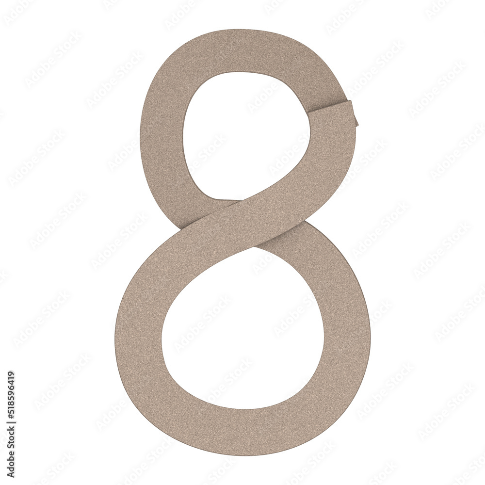 Number 8 made of a bent strip of cardboard, isolated on white, 3d rendering