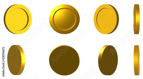 3D illustration golden coins. Set of spinning gold coins in many views rotate in different angles isolated on white background.The glittering light of the coin caught eye.