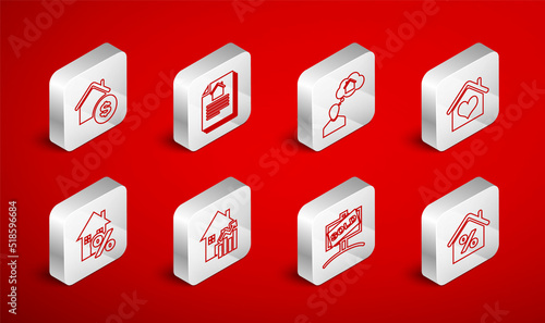Set line House with percant, contract, Man dreaming about buying house, heart shape, Hanging sign Sold, dollar, Rising cost of housing and icon. Vector