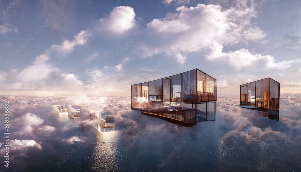 Fototapeta premium Cloud architecture. Abstract futuristic landscape. clouds at sunset, reflection in the water. Modern glass buildings. 3D illustration.