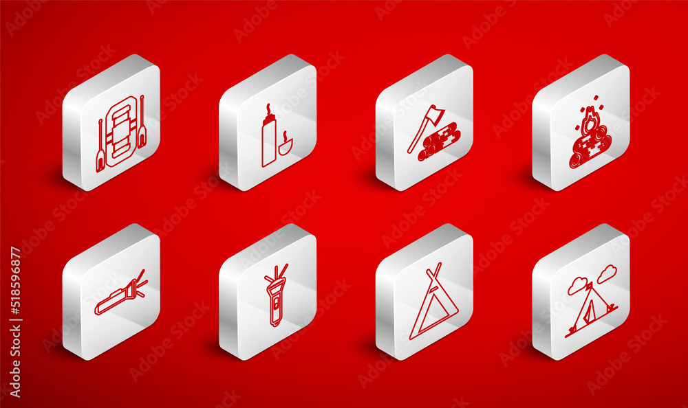 Set line Tourist tent with flag, Thermos container, Wooden axe and wood, Campfire, Rafting boat, Flashlight and icon. Vector Set line Tourist tent with flag, Thermos container, Wooden axe and wood, Campfire, Rafting boat, Flashlight and icon. Vector