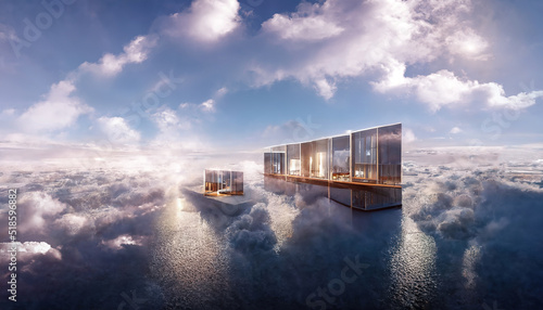 Cloud architecture. Abstract futuristic landscape. clouds at sunset, reflection in the water. Modern glass buildings. 3D illustration.