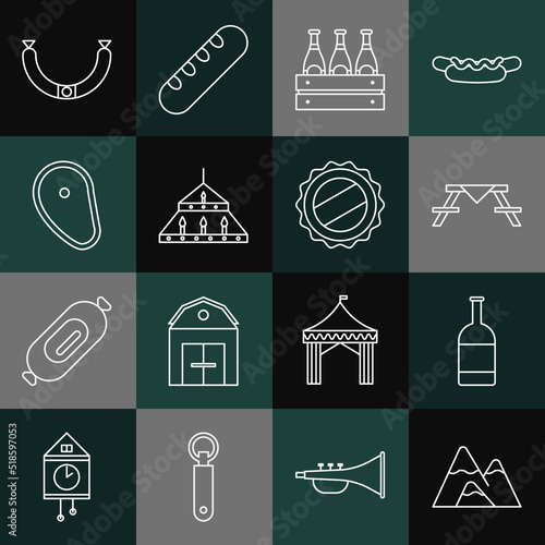 Set line Mountains, Beer bottle, Picnic table with benches, Pack of beer bottles, Massive steel chandelier, Steak meat, Sausage and Bottle cap icon. Vector