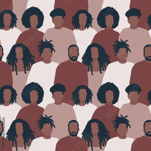 Seamless background with black men and black women. There are silhouettes of different people. Diverse group of people. Pattern with people icons. Crowd. Vector illustration.
