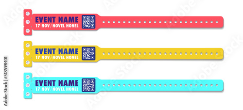 Bracelet vector template event access different color set for id fan zone or vip, party entrance, concert backstage identification, security checking, event. Mock up festival bracelet. 10 eps