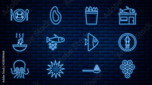 Set line Caviar, Octopus on plate, Fishing bucket with fishes, caviar, Soup octopus, Served crab, and Mussel icon. Vector