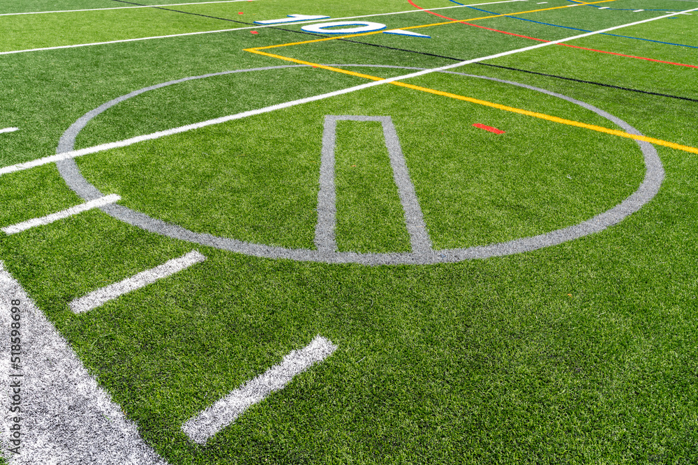 Synthetic turf multi sport field with soccer, football, lacrosse and softball pitching circle lines in white, gray, yellow and red. 