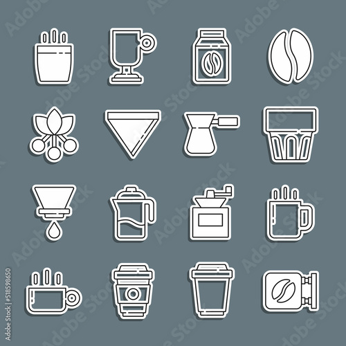 Set line Street signboard coffee  Coffee cup  Glass with water  Bag beans  paper filter  bean  branch  and turk icon. Vector