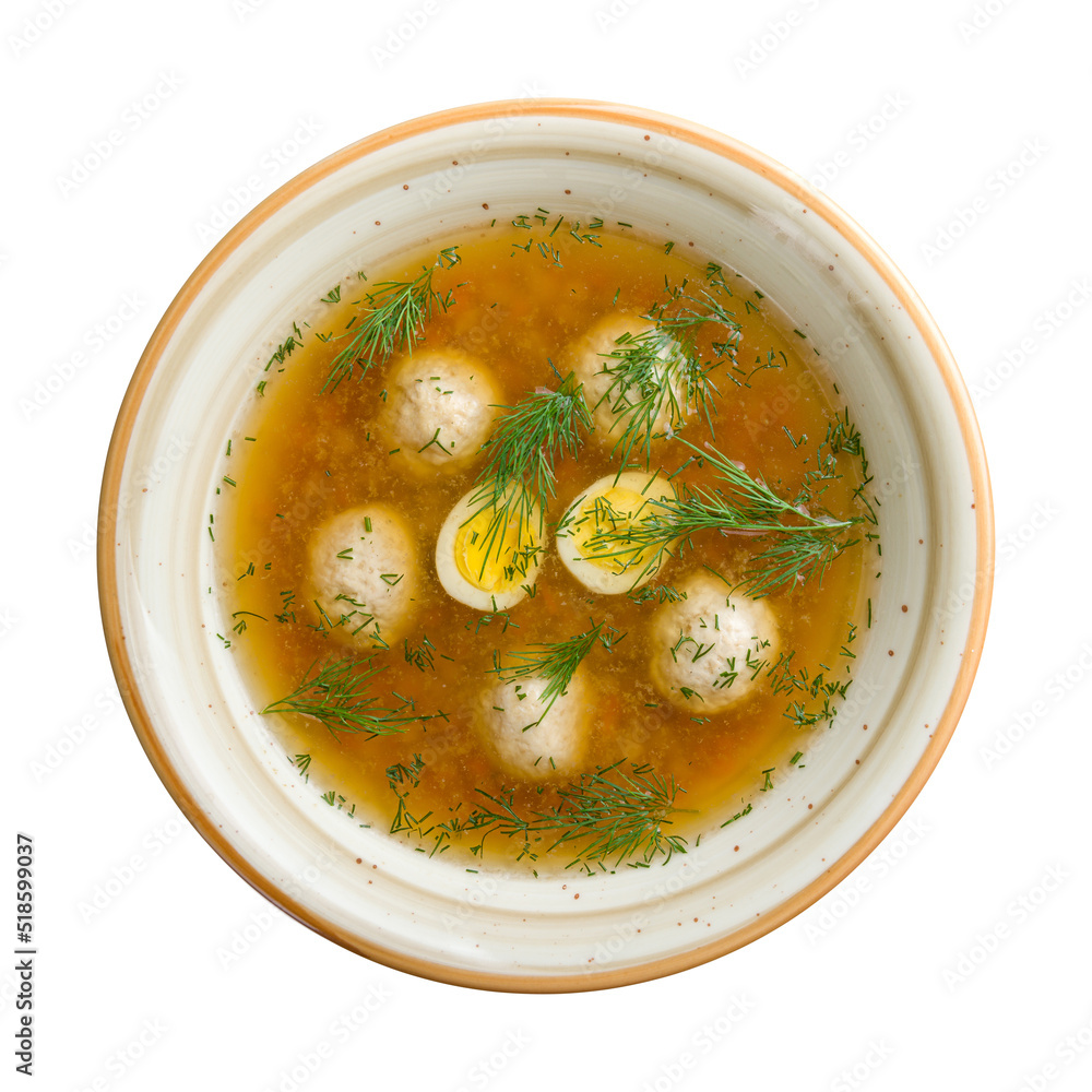 Chicken soup with chicken meatballs and vegetables isolated on white background top view Chicken soup with chicken meatballs and vegetables isolated on white background top view