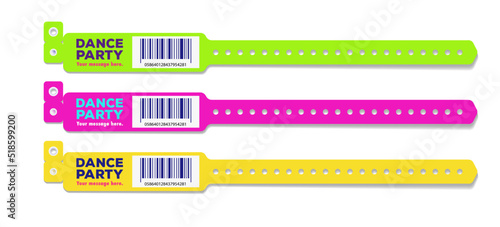 Bracelet dance party event access different color for id fan zone or vip, party entrance, concert backstage identification, security checking, event. Mock up festival bracelet. Vector 10 eps
