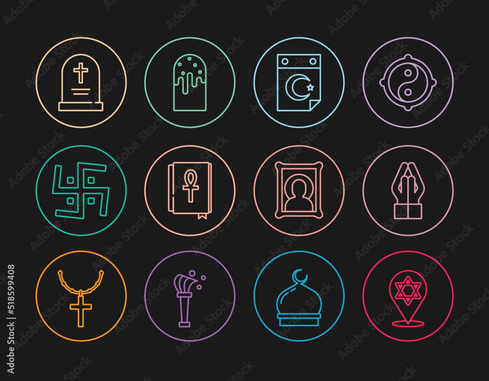 Set line Star of David, Hands in praying position, crescent, Cross ankh book, Hindu swastika, Tombstone with cross, Christian icon and Easter cake icon. Vector Set line Star of David, Hands in praying position, crescent, Cross ankh book, Hindu swastika, Tombstone with cross, Christian icon and Easter cake icon. Vector