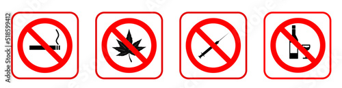 set of prohibition signs. No smoking, no drinking, no drugs.