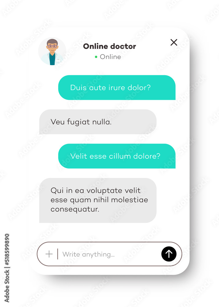 Online doctor chat window for website and mobile app isolated on white background. Chat bot, social communication chatting, consultant. Group text messaging app. Vector 10 eps Online doctor chat window for website and mobile app isolated on white background. Chat bot, social communication chatting, consultant. Group text messaging app. Vector 10 eps