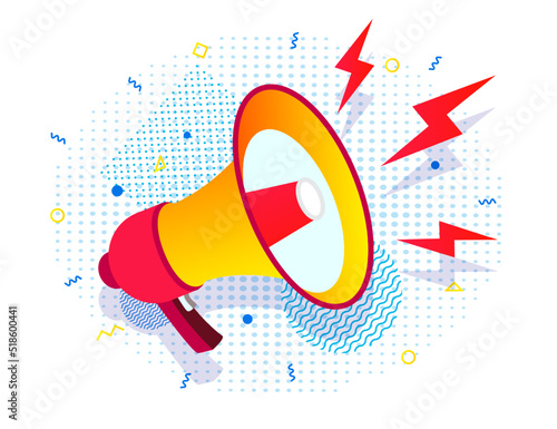 Megaphone, bullhorn, loadspeaker realistic style on half tone background. News, propaganda, media, attention, broadcast, announce, promotion, message. Vector illustration 10 eps