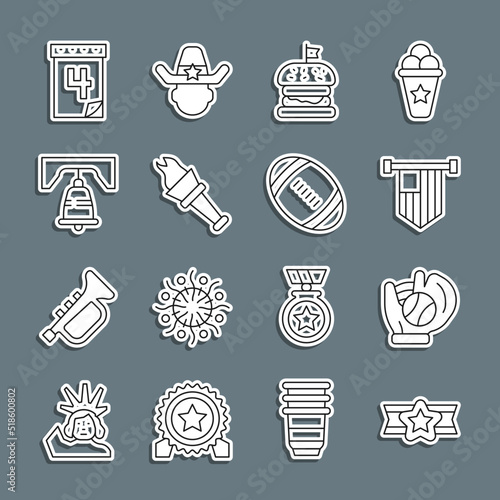 Set line Star American military, Baseball glove with ball, flag, Burger, Torch flame, Liberty bell in Philadelphia, Calendar date July 4 and Football icon. Vector