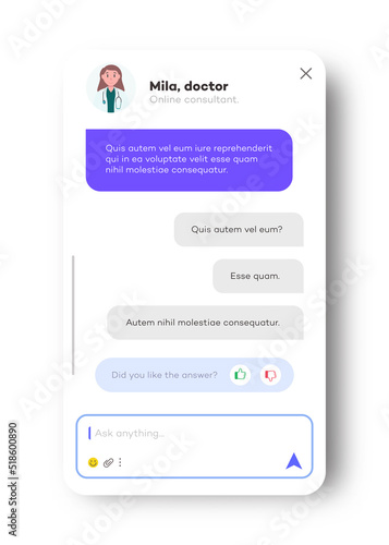 Online doctor chat window for mobile app and website isolated on white background. Chat bot, social communication chatting, consultant. Group text messaging app. Vector 10 eps