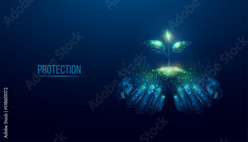 Two human hands are holds green sprout. Glowing low poly hands and plant on dark blue background. Wireframe low poly design. Abstract futuristic vector illustration.