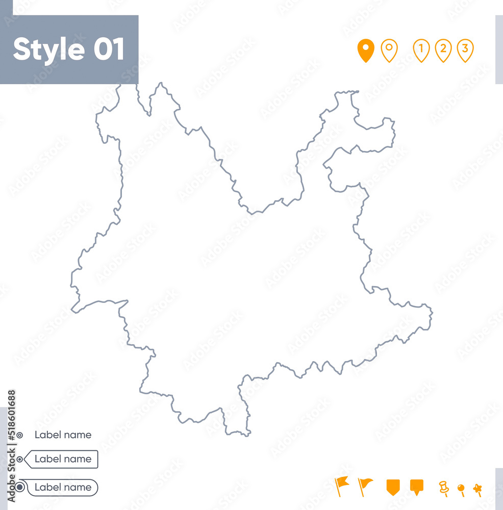 Yunnan, China - stroke map isolated on white background. Outline map. Vector map