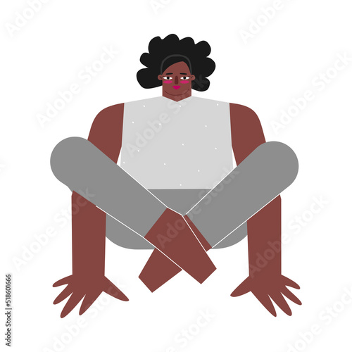 Vector isolated concept with flat african american character. Strong body positive woman learns stretching posture and does Shoulder Pressing Pose at yoga class. Sportive exercise - Bhujapidasana