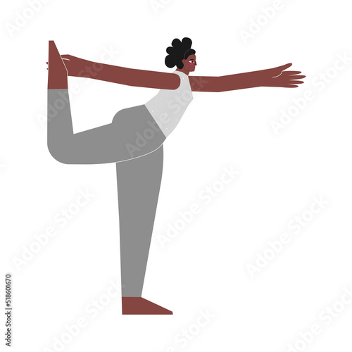 Vector illustration with flat Female young character. Sportive african american woman learns stretching posture and does Lord of the Dance Pose at yoga class. Balancing exercise - Natarajasana