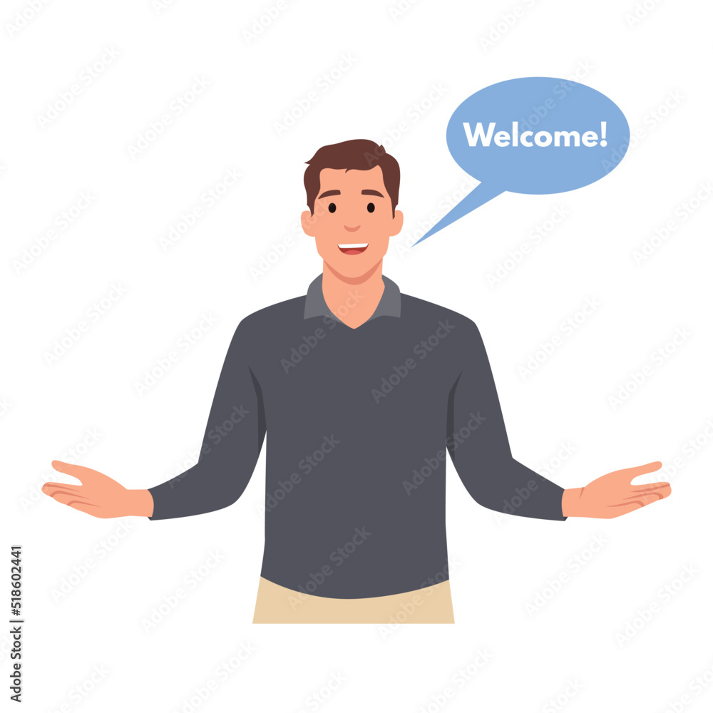 Young man cheerful business man gesturing welcome sign and smilingFlat vector illustration isolated on white background Young man cheerful business man gesturing welcome sign and smilingFlat vector illustration isolated on white background