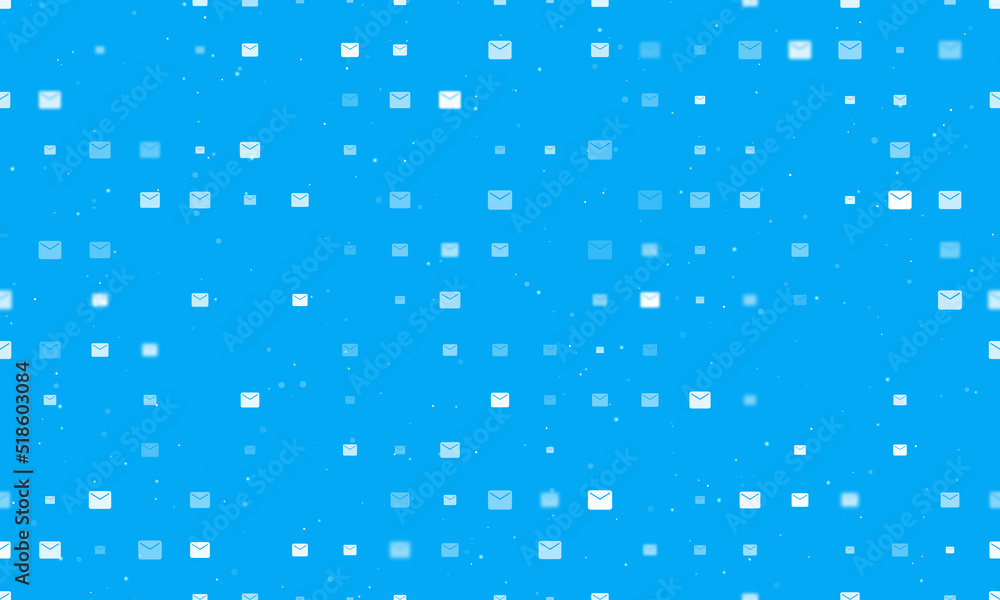 Seamless background pattern of evenly spaced white email symbols of different sizes and opacity. Vector illustration on light blue background with stars