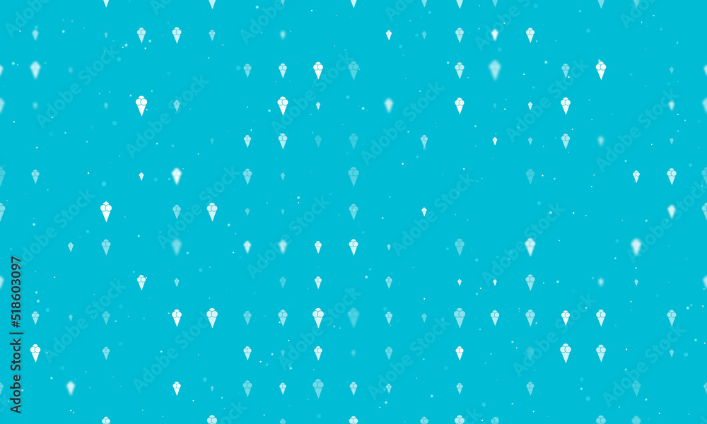 Seamless background pattern of evenly spaced white ice cream balls symbols of different sizes and opacity. Vector illustration on cyan background with stars