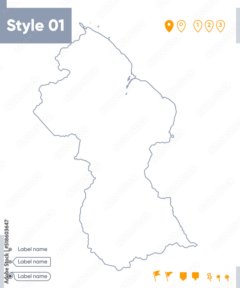 Guyana - stroke map isolated on white background. Outline map. Vector map
