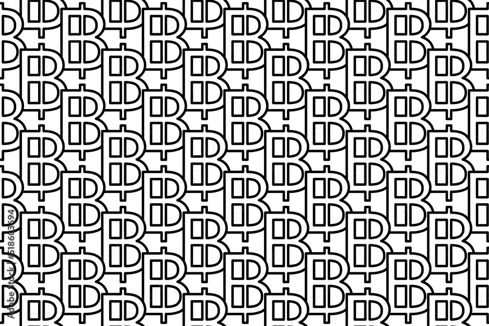 Seamless pattern completely filled with outlines of thai baht symbols. Elements are evenly spaced. Vector illustration on white background